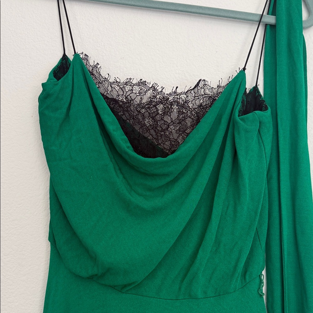 Diane Von Furstenberg Emerald Green Midi Dress with Black Lace - Picture 4 of 7